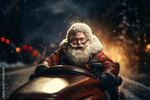 Santa Claus driving red sports car on Christmas day's, delivering presents.. AI Generated
