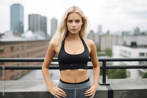 Young blonde sportswoman wearing sportswear with hands on stomach at the city. AI Generated