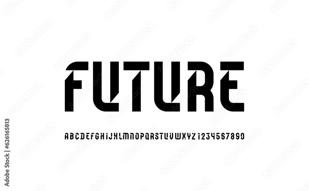 Futuristic original font, sci fi display cut alphabet, modern geometric modular letters and numbers, vector illustration 10EPS Futuristic original font, sci fi display cut alphabet, modern geometric modular letters and numbers, vector illustration 10EPS