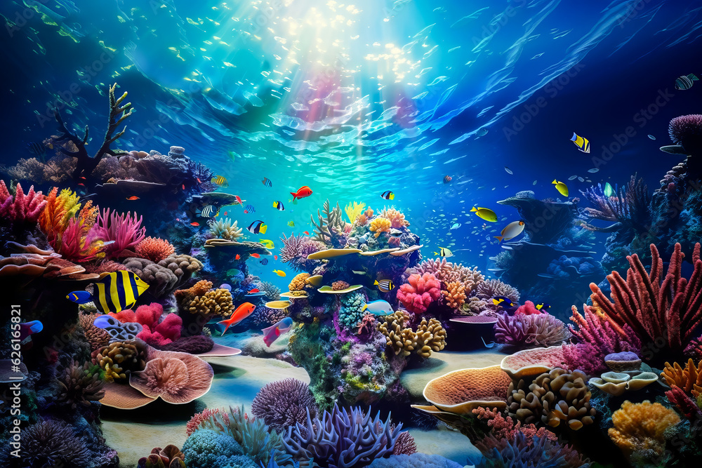 Colorful life on underwater coral reef - obrazy, fototapety, plakaty 