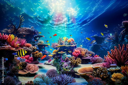 Colorful life on underwater coral reef