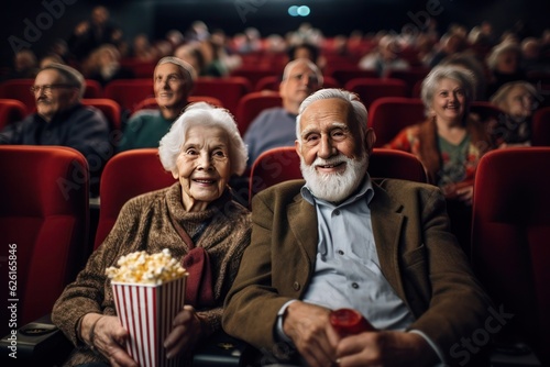 elderly gray-haired man and woman, with popcorn in their hands, laugh at a movie in the cinema, generated by ai