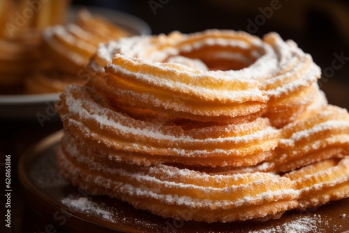 Traditional Spanish dessert churros with sugar and chocolate set, on dark background. Piles of sugar powder churros dessert. 