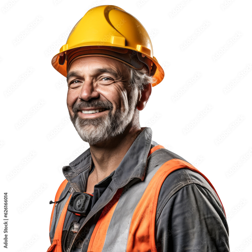 Friendly smiling construction worker, middle-aged Caucasian man with graying beard and hair Friendly smiling construction worker, middle-aged Caucasian man with graying beard and hair