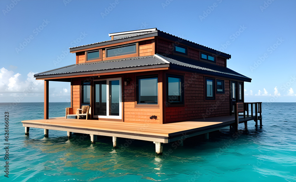 A tiny house on a small island in the middle of the ocean, Generative AI