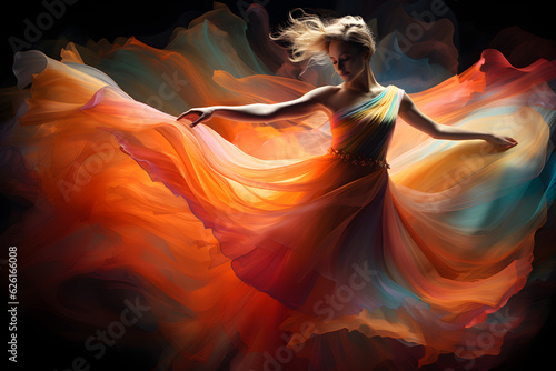 woman dancing with long flowing abstract colourful dress © sam