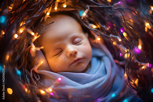 studio portrait of sleeping baby in blanket with Christmas lights