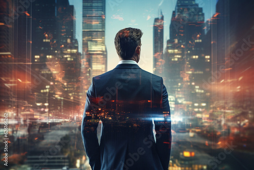 Business man with suit standing in grace pose and looking cityscape background. Successful businessman concept. Double exposure sunset or sunrise effect. Generative AI