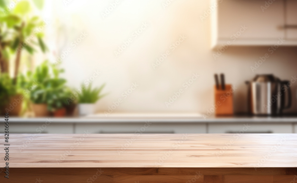 Beautiful empty brown wooden table top and blurred defocused modern kitchen interior background with daylight flare, product montage display. generative ai Beautiful empty brown wooden table top and blurred defocused modern kitchen interior background with daylight flare, product montage display. generative ai
