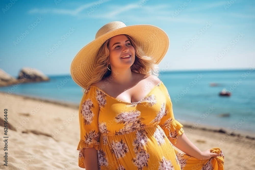 A fat woman enjoys her vacation. relaxing on the beach, In background beach and sea. AI Generated