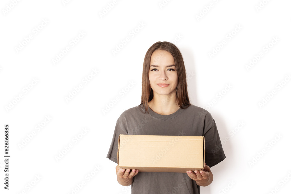courier delivery express, girl courier with a box parcel on a white background, online orders of goods, postal service, courier delivery express, girl courier with a box parcel on a white background, online orders of goods, postal service,