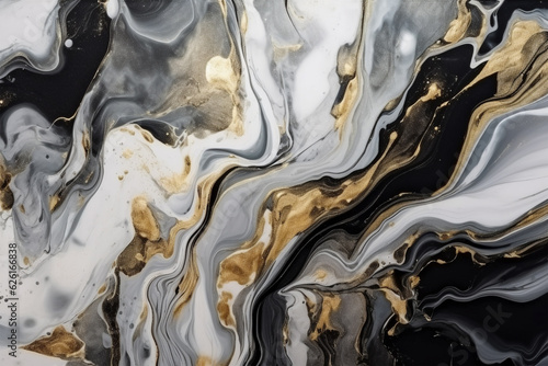 Abstract black, white, gray and gold alcohol ink art background.