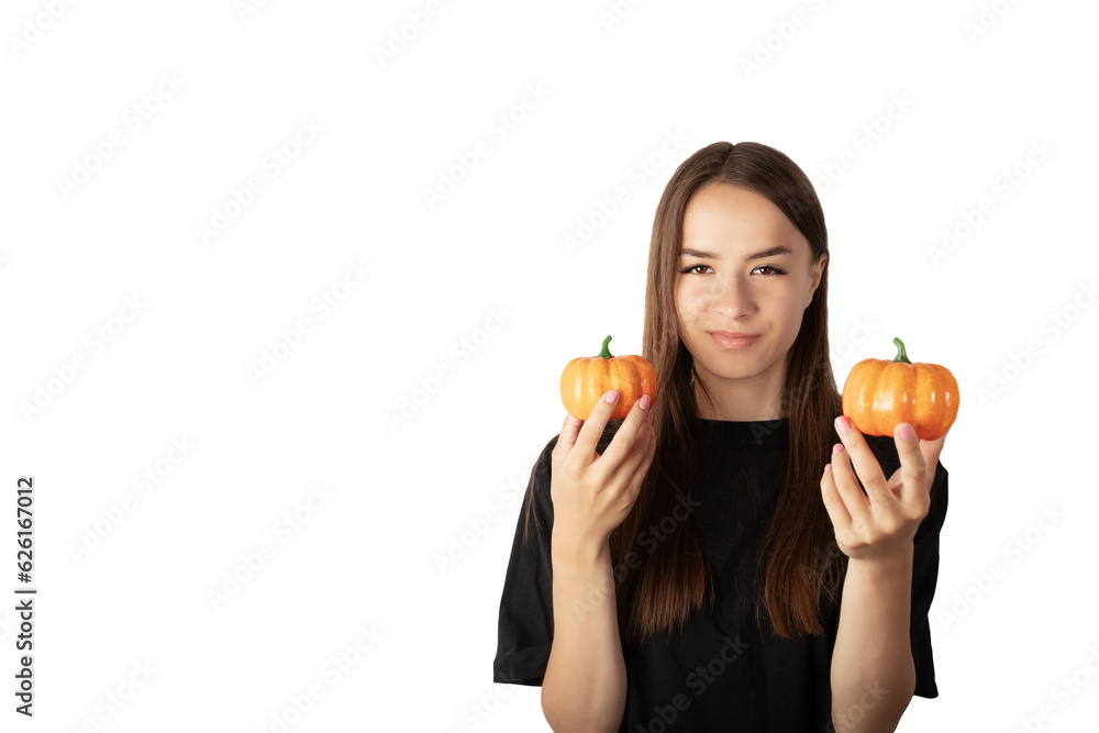 young woman teenager with halloween pumpkins isolated young woman teenager with halloween pumpkins isolated