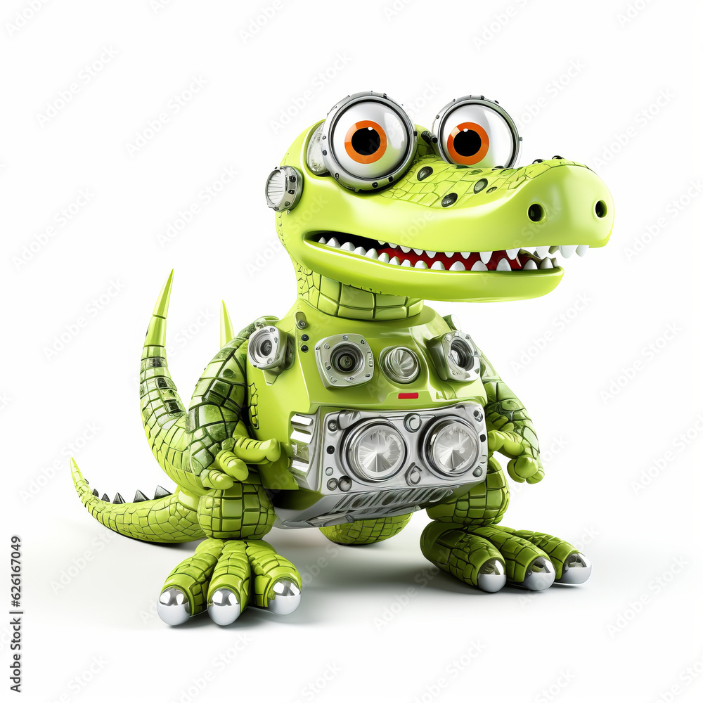 Fototapeta premium Cute crocodile robot, funny robotic animal isolated over white background. AI Generated