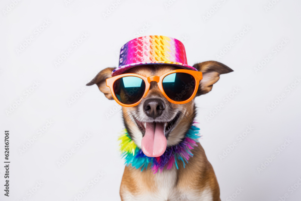 Funny party dog wearing colorful summer hat and stylish sunglasses. white background. AI Generated Funny party dog wearing colorful summer hat and stylish sunglasses. white background. AI Generated
