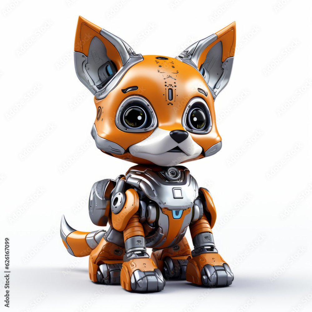 Cute fox robot, robotic animal isolated over white background. AI Generated Cute fox robot, robotic animal isolated over white background. AI Generated