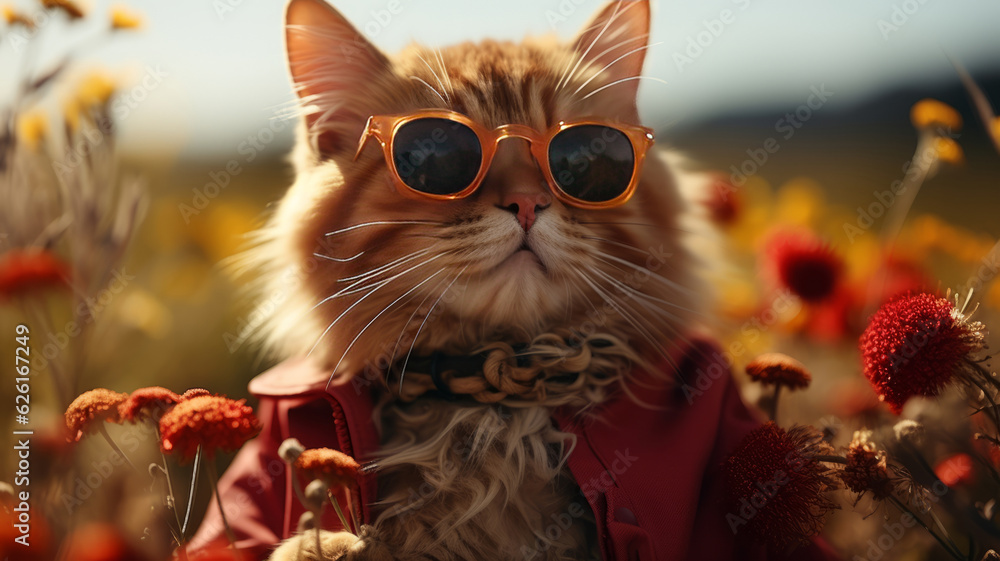 cute red cat in a funny outfit and sunglasses. . AI Generated