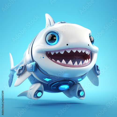 Cute smiling shark robot  robotic fish isolated over white background. AI Generated