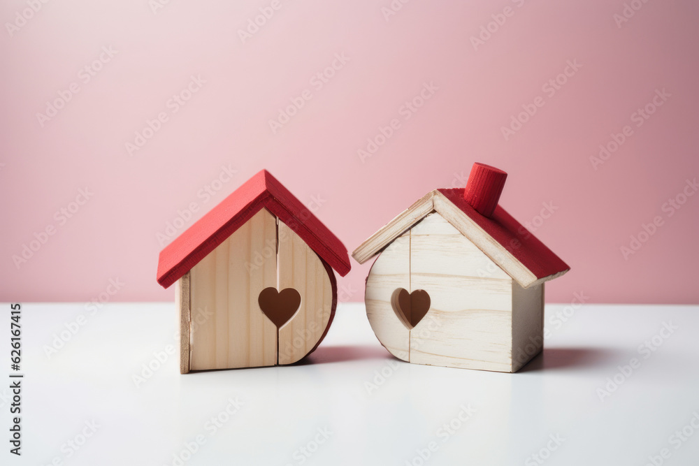 Divorce, division of property, poverty. Wooden broken house on light background. AI Generated - obrazy, fototapety, plakaty 