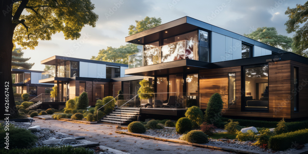 Fototapeta premium Modern modular private houses. Residential architecture exterior. AI Generated