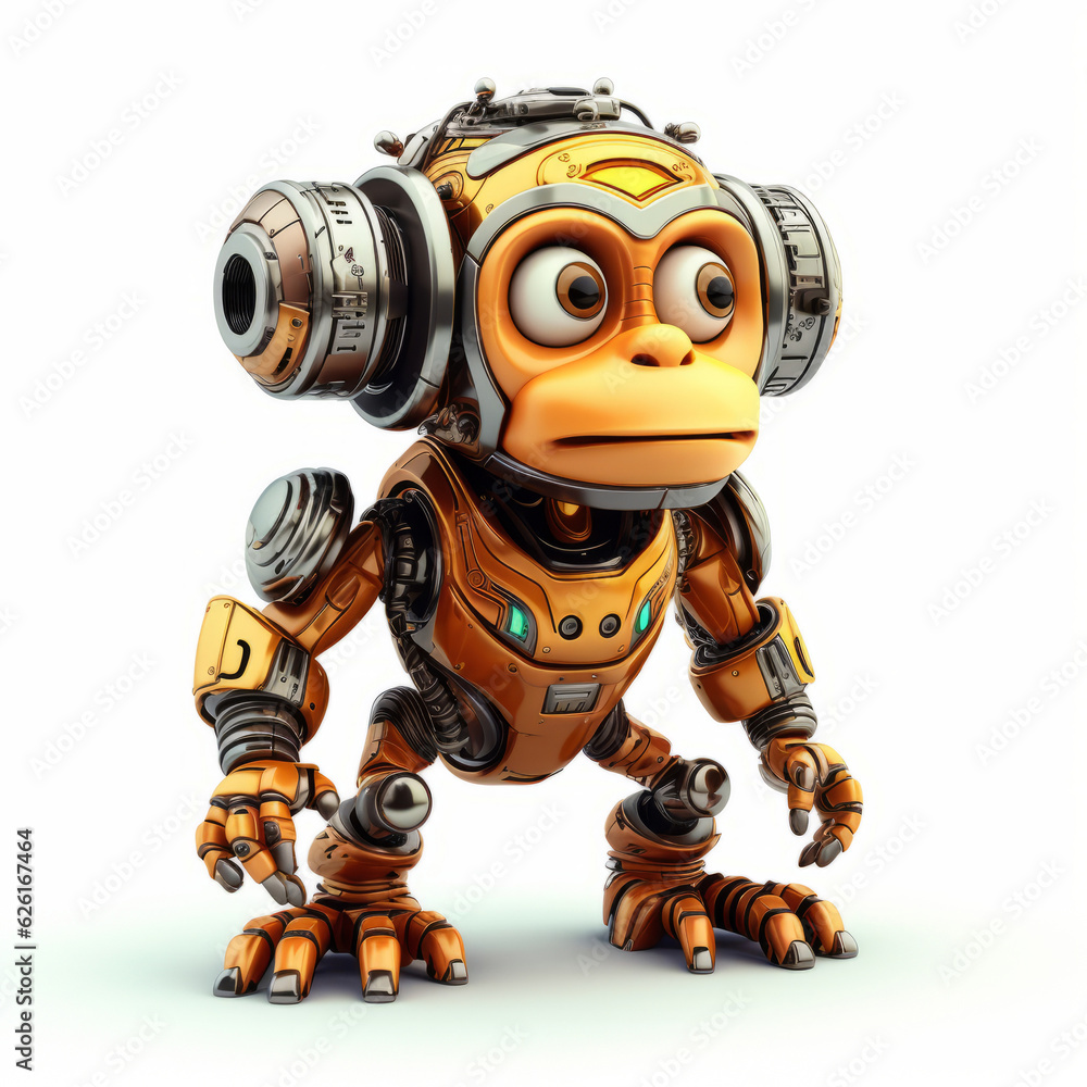 Funny and cute monkey robot, robotic ape animal isolated over white background. AI Generated Funny and cute monkey robot, robotic ape animal isolated over white background. AI Generated