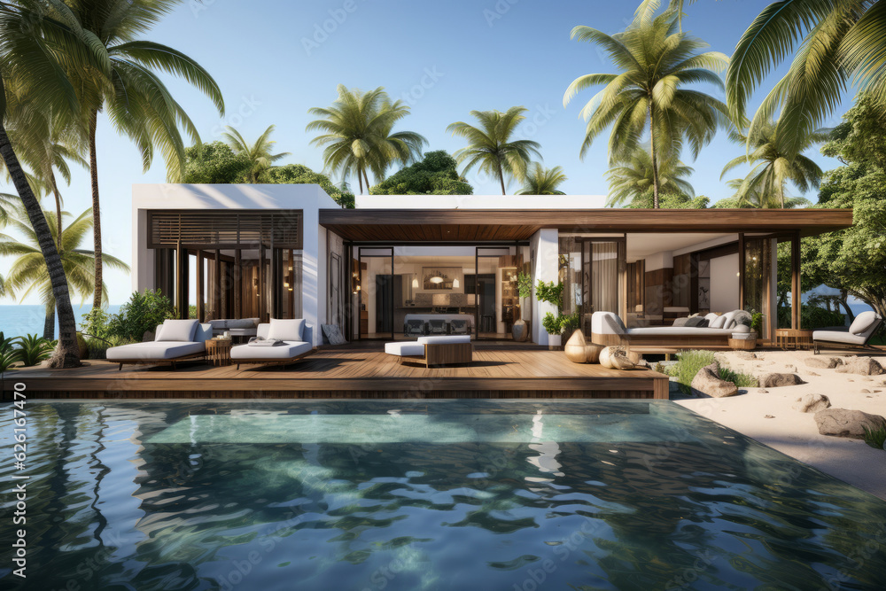 Modern villa on a tropical sand beach among palm trees. AI Generated