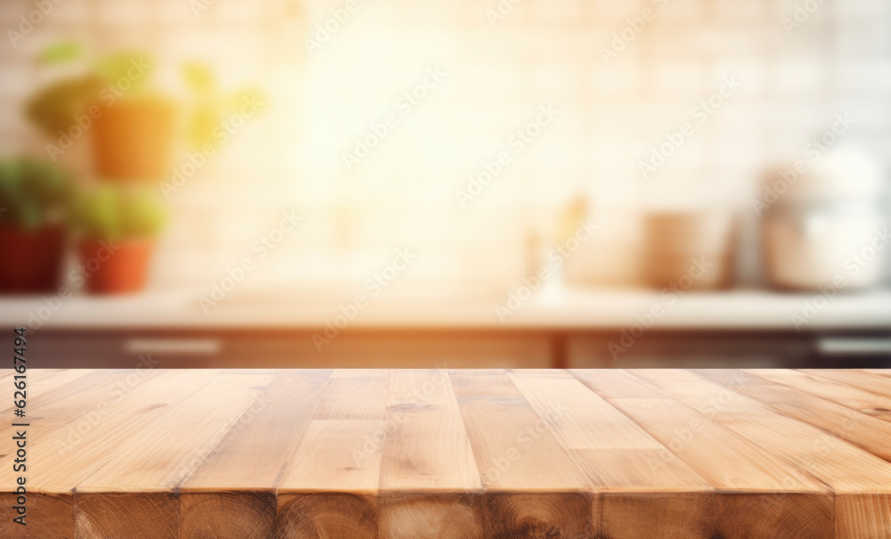 Beautiful empty brown wooden table top and blurred defocused modern kitchen interior background with daylight flare, product montage display. generative ai Beautiful empty brown wooden table top and blurred defocused modern kitchen interior background with daylight flare, product montage display. generative ai