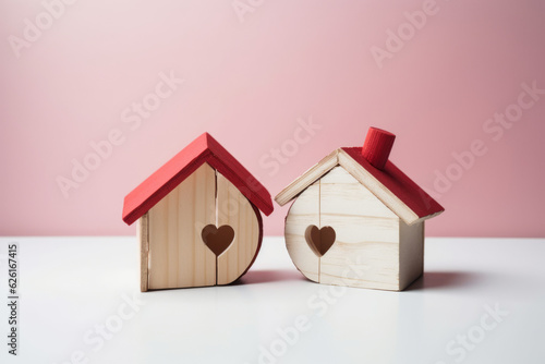 Divorce, division of property, poverty. Wooden broken house on light background. AI Generated photo