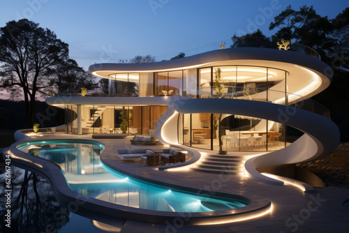 Modern minimalist round and curved shaped luxury house. AI Generated © AI_images