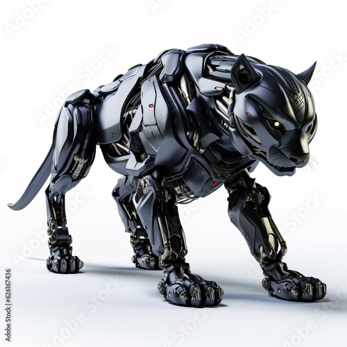 Fast black panther robot, robotic animal isolated over white background. AI Generated © wolfhound911