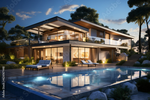 Exterior of beautiful modern house. Luxury villa with terrace and swimming pool. AI Generated