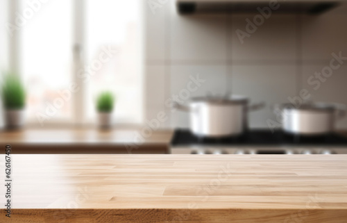 Beautiful empty brown wooden table top and blurred defocused modern kitchen interior background with daylight flare, product montage display. generative ai