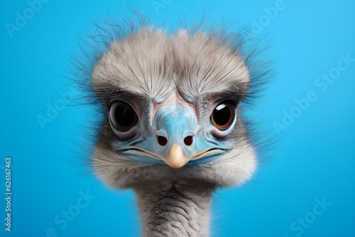 portrait of an ostrich on blue background