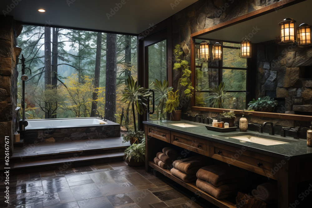 Interior design of modern bathroom in farmhouse with forest view. AI Generated Interior design of modern bathroom in farmhouse with forest view. AI Generated
