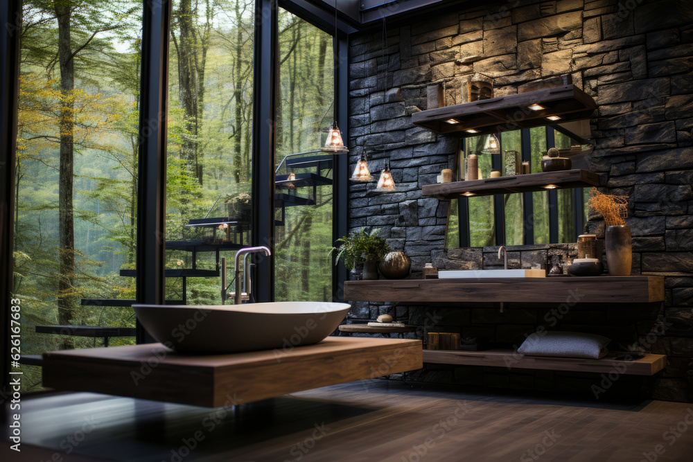 Interior design of modern bathroom in farmhouse with forest view. AI Generated Interior design of modern bathroom in farmhouse with forest view. AI Generated