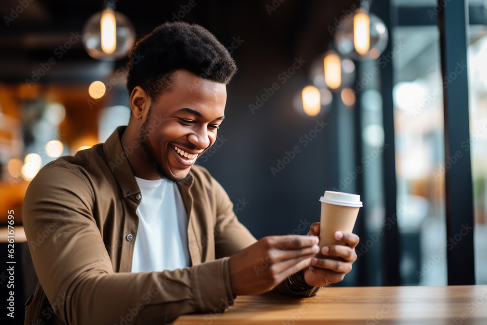 Man smiling and using mobile for online payment. AI Generated
