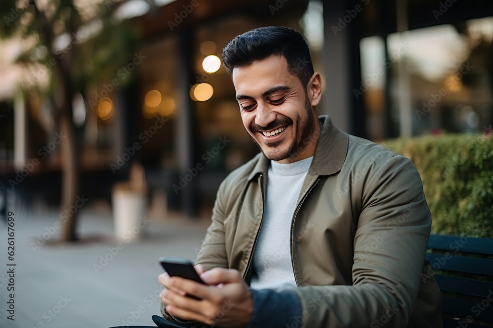 Man smiling and using mobile for online payment. AI Generated Man smiling and using mobile for online payment. AI Generated