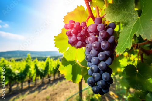 Grape field growing for wine. Red grapes close-up, Vineyard hills. AI Generated