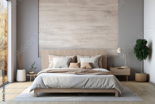 Scandinavian interior design of modern bedroom with big art poster frame. AI Generated