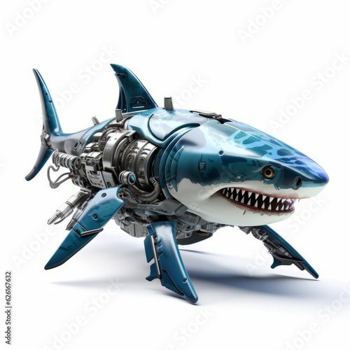Scary shark robot, robotic fish isolated over white background. AI Generated