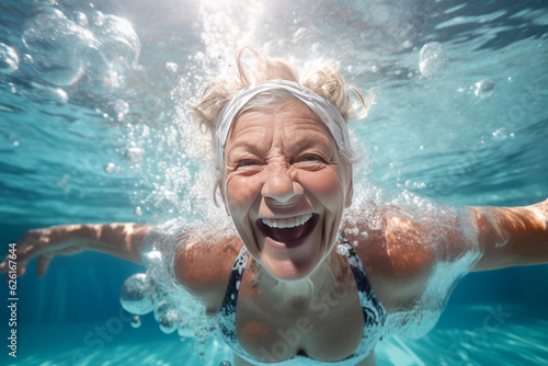 Healthy senior woman swimming under water in public pool. AI Generated © wolfhound911