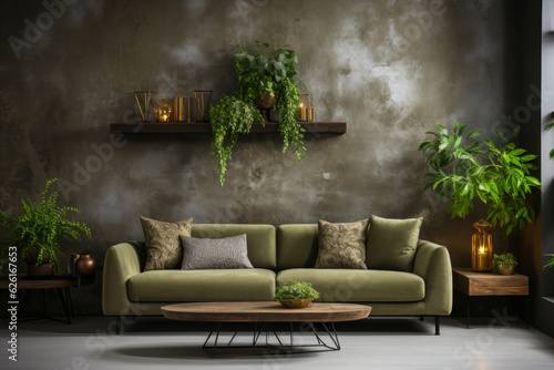 Sofa in room with grunge stucco wall and much greenery. Biophilic design of living room.AI Generated photo