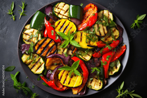 Grilled vegetables colorful bell pepper a plate over dark slate, stone background. AI Generated