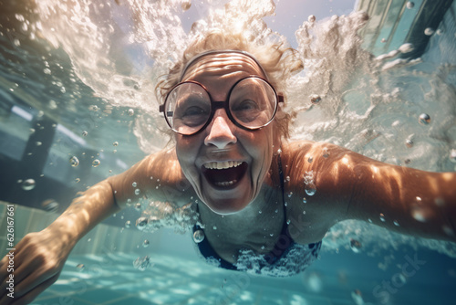 Healthy senior woman swimming under water in public pool. AI Generated