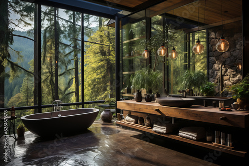 Interior design of modern bathroom in farmhouse with forest view. AI Generated