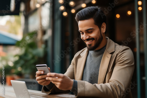 Man smiling and using mobile for online payment. AI Generated