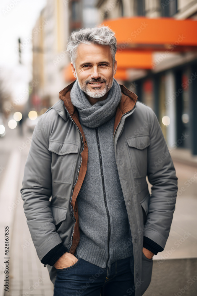 Portrait of an handsome mature man in casual attire on a city street. AI Generated Portrait of an handsome mature man in casual attire on a city street. AI Generated