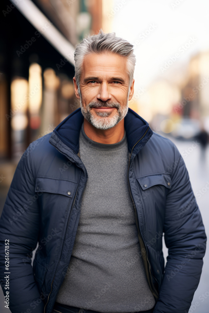 Portrait of an handsome mature man in casual attire on a city street. AI Generated Portrait of an handsome mature man in casual attire on a city street. AI Generated