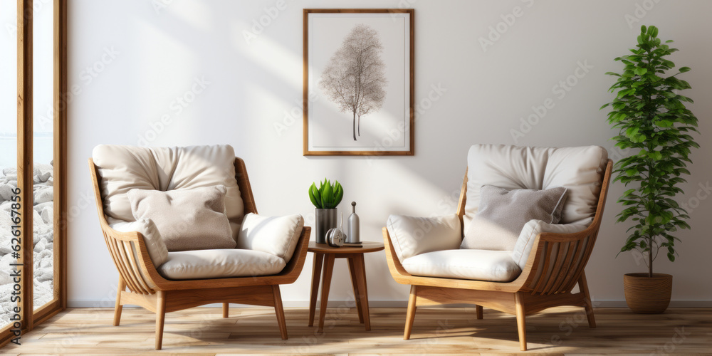 Two armchairs in room with white wall and big frame poster on it. AI Generated Two armchairs in room with white wall and big frame poster on it. AI Generated