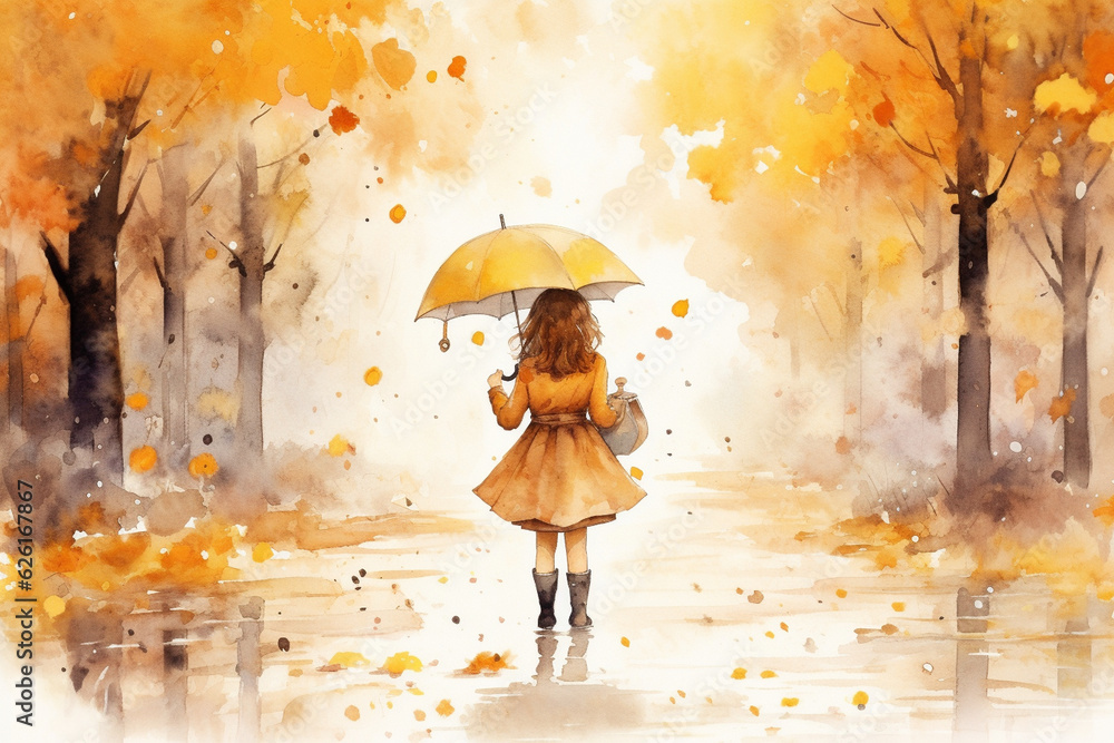 A charming watercolor illustration of a girl walking under an umbrella through a park, surrounded by autumn leaves and a gentle rain Generative AI
